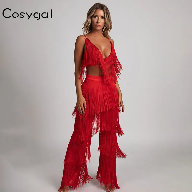 Cosygal Vermelho Full Tassel Sexy Jumpsuit Macacão Mulheres Nova Moda Dois Peça Terno 2018 Elegante Partido Night Clubwear Summer Jumpsuit