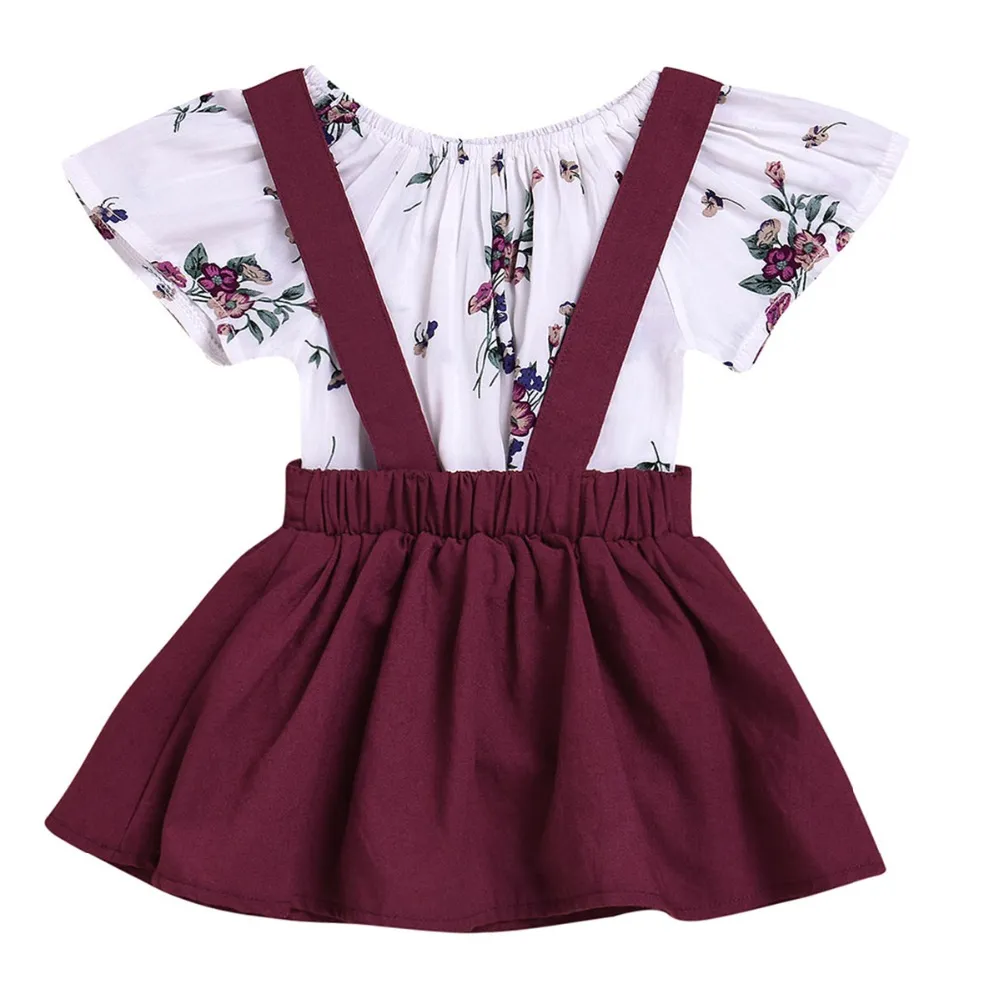 Puseky Infant Baby Kids Ruffles Short Sleeve Cotton Floral Tops Romper Suspender Dress Overalls Outfits Newborn Girls Cloth Set