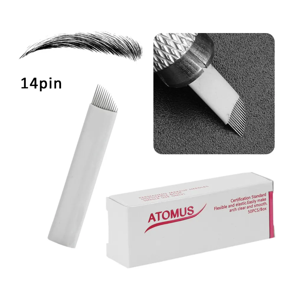 50 stks/partij Pcd Naald Microblading 14 Pin Wit Bevel Shape Permanente Make-Up Wenkbrauw Borduren Blade Wenkbrauw Tattoo Supplies