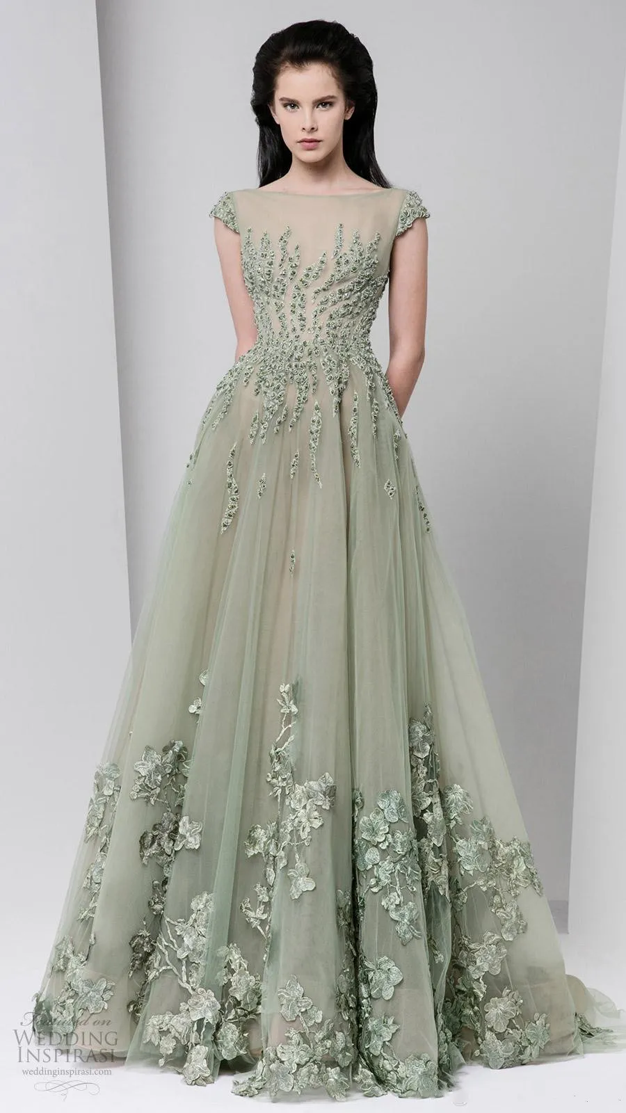 Tony Ward 2018 Lente Avondjurken Sheer Hals Applique Kralen Cap Sleeve Prom Glozen Vloer Lengte Tule Formele Party Jurk