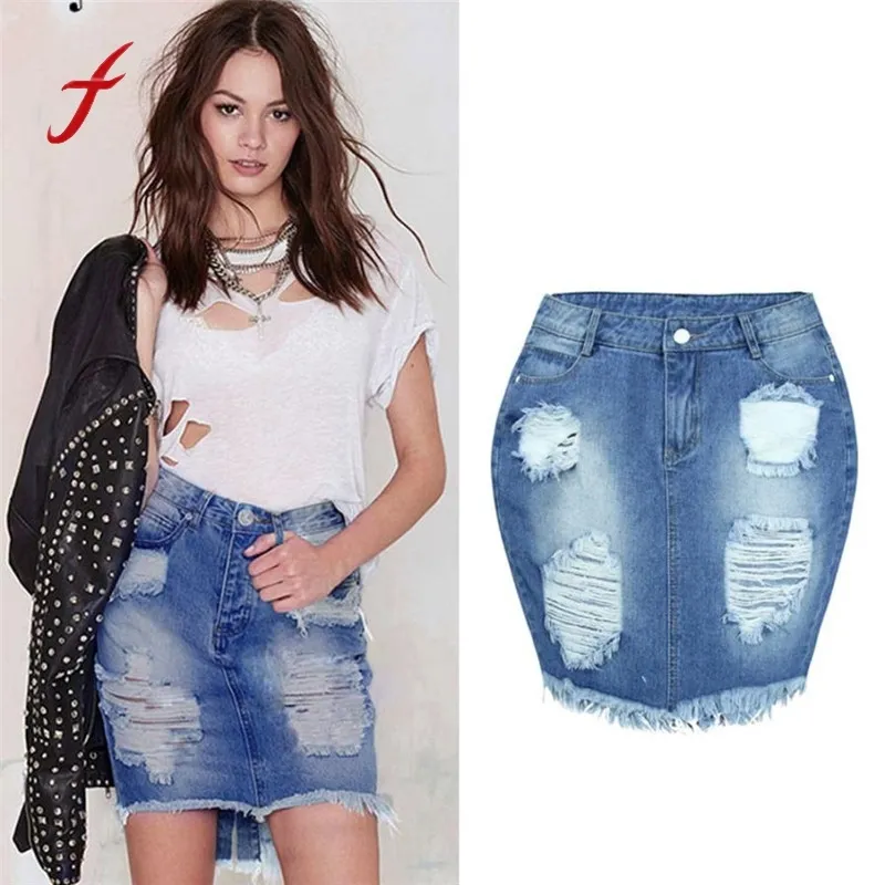 Feitong Women Denim Jeans 2018 Fashion Vintage Sexy High Waist Ripped Skinny Short Mini Pencil Skirt Faldas Mujer S916