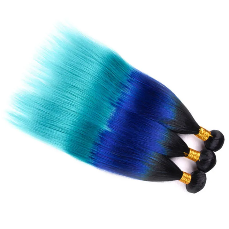 Tres tonos 1B/azul/verde azulado Ombre paquetes de armadura de cabello humano brasileño 3 uds paquetes de cabello Remy virgen recto sedoso ofertas Ombre tramas dobles