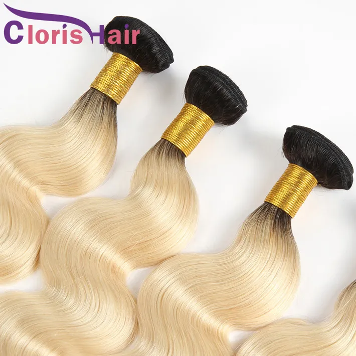 Mörka rötter blond människohårbuntar 3st brasilianska jungfruliga kroppsvåg ombre väv färgad 1b 613 platinblond wavy sy i extensi3379615