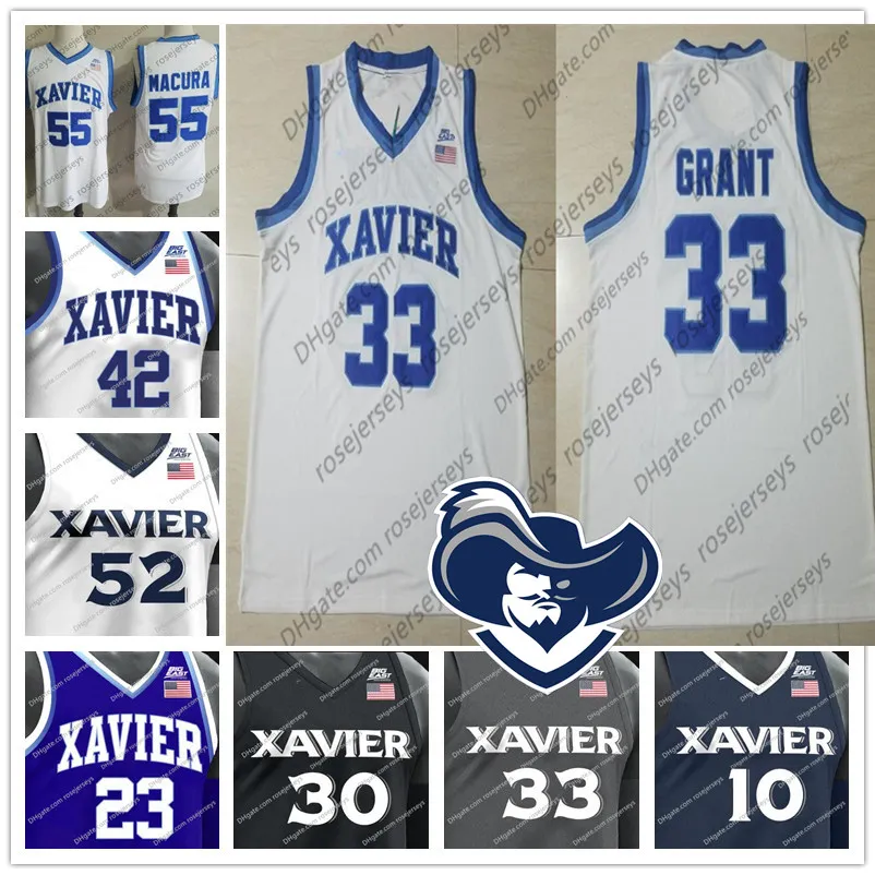 NCAA Xavier Musketeers #33 Brian Grant 23 Byron Larkin 30 David West 42 Tyrone Hill College Basketball Białe szary blue czarny koszulka S-4xl