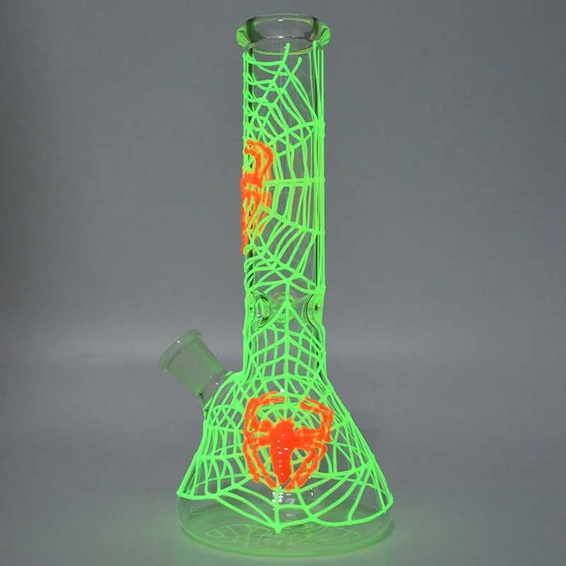 Ali Free DHL Straight Tube Beaker Bong Spiderweb Dab Rigs Water Pipes Grow in Dark Fluorescent Bong Glass Water Pipe GID02-03