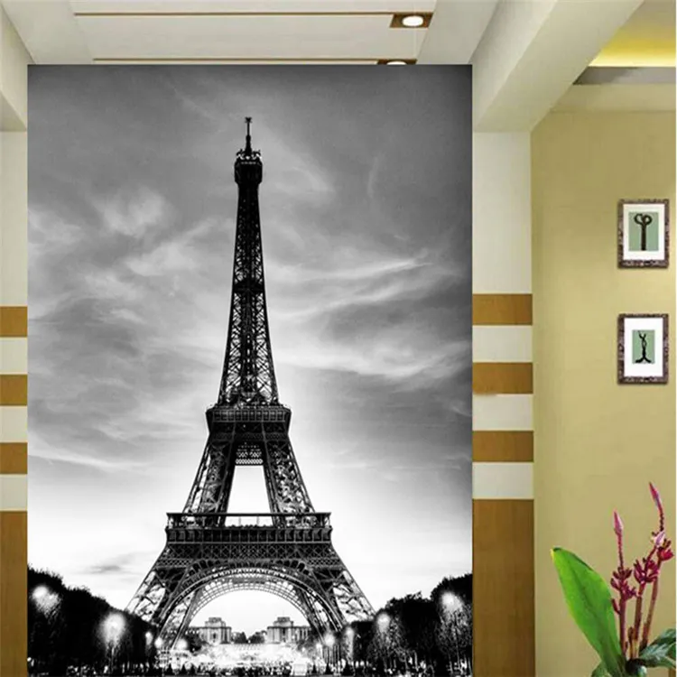 Glitter Papel De Parede Preto Branco Edifício Da Cidade Paris Torre Eiffel Paredes 3d Piso Vinil De Mármore Do Vintage Papel De Parede Pintado