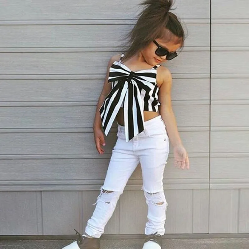 Toddler Kids Girl Clothing sets Striped Big Bow T-shirt Crop Top+Long Hole Jeans Pants Girls Outfit Kids Clothes Set