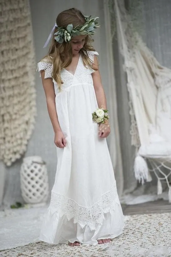 2018 Beach Boho Flower Girl Dresses Chiffon Custom Size Holy Commion Gowns v Neck Kidフォーマルドレス1599997