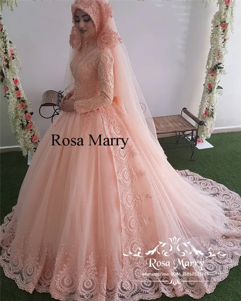 Blush rose islamique Hijab robes de mariée 2020 col haut manches longues Vintage dentelle perle grande taille caftan Abayas robe De Novia robe de mariée