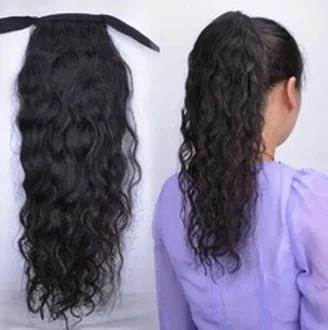 Cheap deep curly ponytail hairpiece 100 human hair for black women clip in drawstring ponytail virgin hair extension 120g 16inch 1b