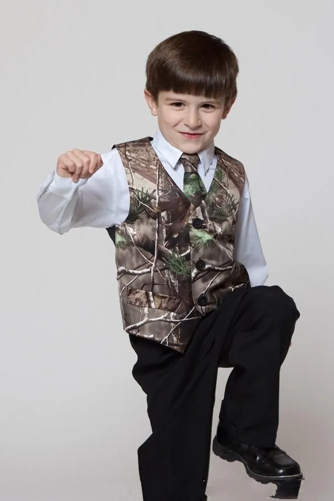 2018 Real Tree Camo Boy's Formal Wear Vests With Ties Camouflage Groom Boy Vest Cheap Satin Custom Formal Wedding Vests Camou2462