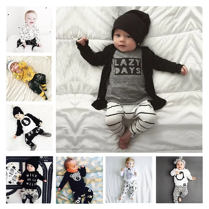 Spädbarn Pyjamas Baby Kläder Ställer Pojke Långärmad Vår Höst Vinter Outfits Set Toddler Letter Passar Baby Girls Nyfödda Kläder Set