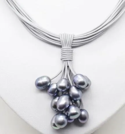 Nouveau collier pendentif en cuir gris naturel noir perle de culture d'eau douce 17.5