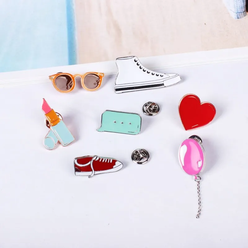 Cartoon Gym Shoes Balloon Lipstick Heart Sunglass Cute Metal Brooch Pins Button Pins badges Gift Wholesale