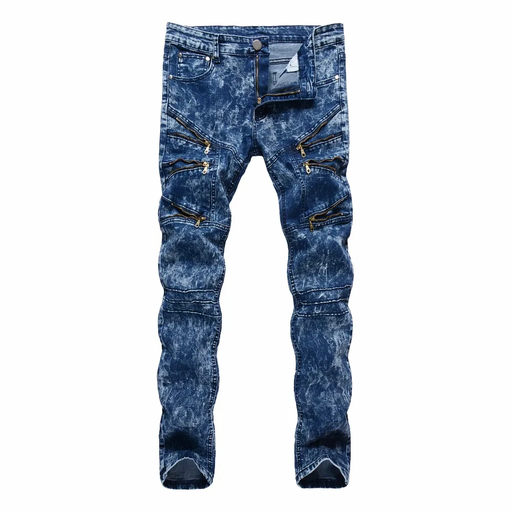 Alta qualità 2018 Fashion Casual slim fit Multi Zipper nightclub hip hop dance street dritto blu neve pantaloni da uomo jeans da uomo
