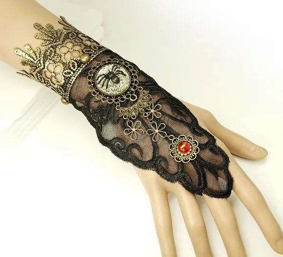 Hot Nieuwe Europese en Amerikaanse Vintage Black Spider Web Kant Lady's Armband met vingerhandschoenen Halloween-accessoires Klassieke chique elegantie