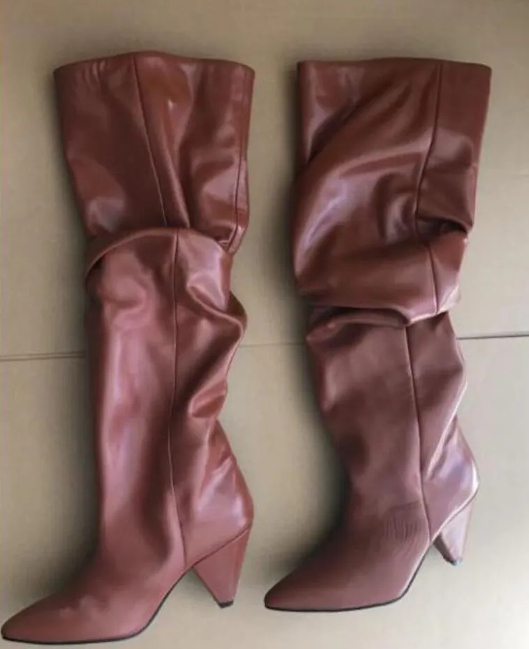 2018 fashion women point toe knee high boots brown leather Booties Women slip on Boots party shoes spike heel party boots