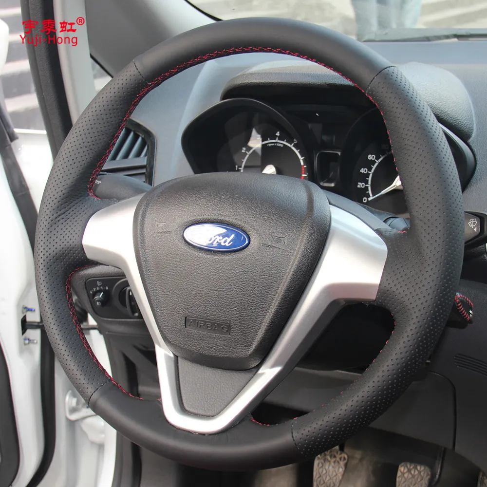 Funda para volante de coche de cuero Artificial Yuji-Hong para Ford Fiesta 2009-2013 EcoSport 2013 estilo de coche cosido a mano 249O