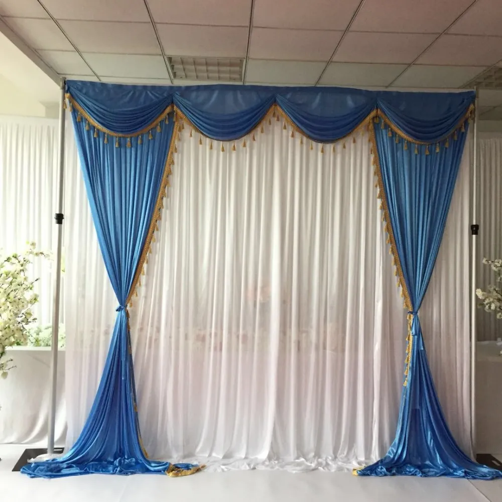 Hot Sale Blue & White Ice Silk 3mx3m Swags Drapes With Tassels For Wedding Backdrop Wedding Curtain