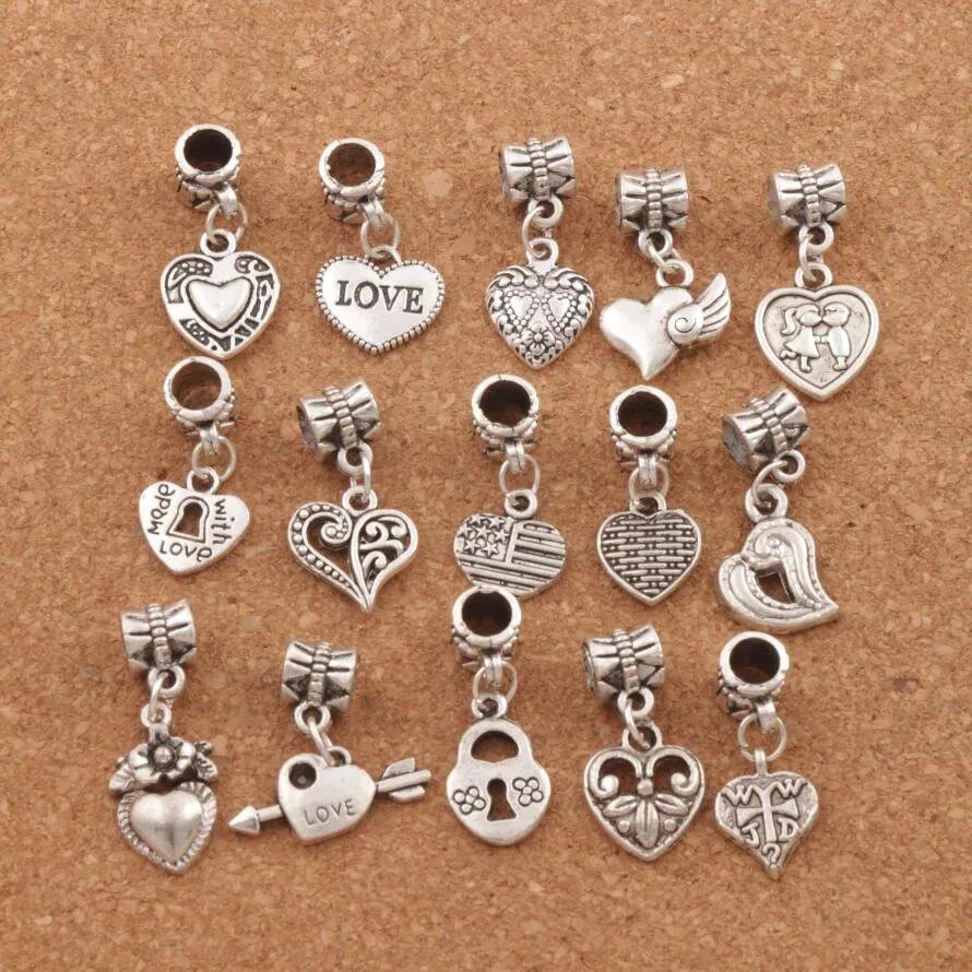 Antiqued Silver Assorted Heart Dangles Legering Losse Kralen Fit Europese Charme Armband Sieraden DIY Metal BM6 150PCS / Part