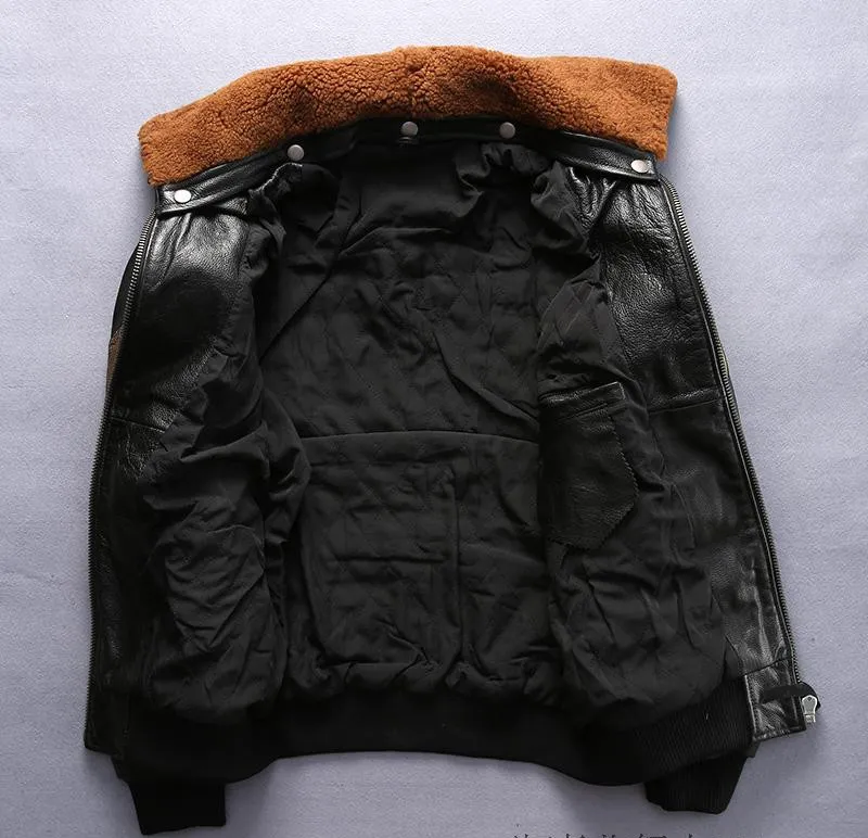 Mens Black Genuine Leather Flight Jacket With Wool Collar