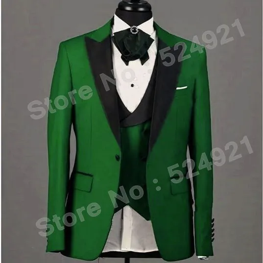 Brand New Groomsmen Green Groom Tuxedos Peak Black Lapel Män Passar Bröllop Bästa Man BrideGrum (Jacka + Byxor + Vest + Tie) L203
