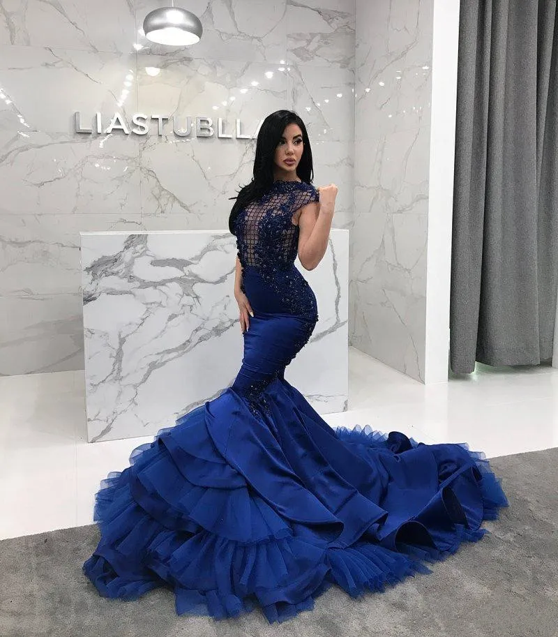 2018 Royal Blue Mermaid Prom Dress Beaded Sheer High Neck Sequined Evening Gowns Vestidos De Fiesta 3D Appliqued Satin Formal Dresses