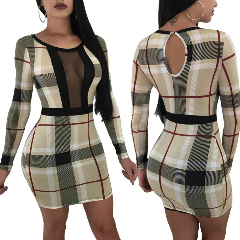 Kadın Ekose Elbise Kadın Yuvarlak Boyun Uzun Kollu Slim Fit Kısa Elbise 2018 Bahar Zarif Çalışma OL Bodycon Mini Elbise Robe Vintage Elbiseler