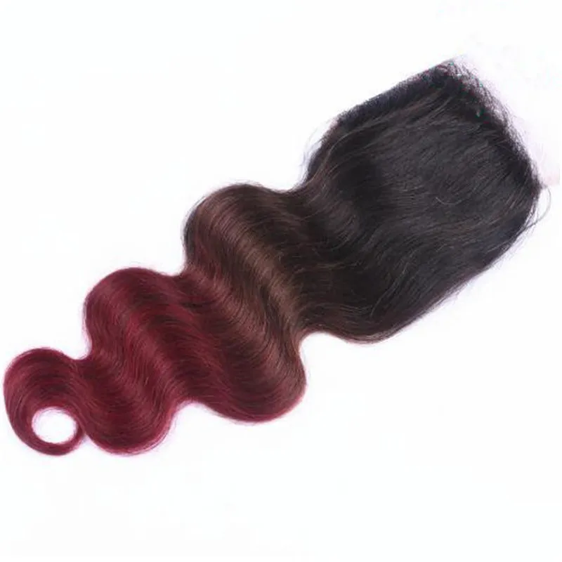 Body Wave # 1B / 4 / 99J Vino Rosso Ombre Capelli Vergini tessono con chiusura in pizzo 4x4 Marrone Nero a Borgogna Ombre Fasci di capelli umani