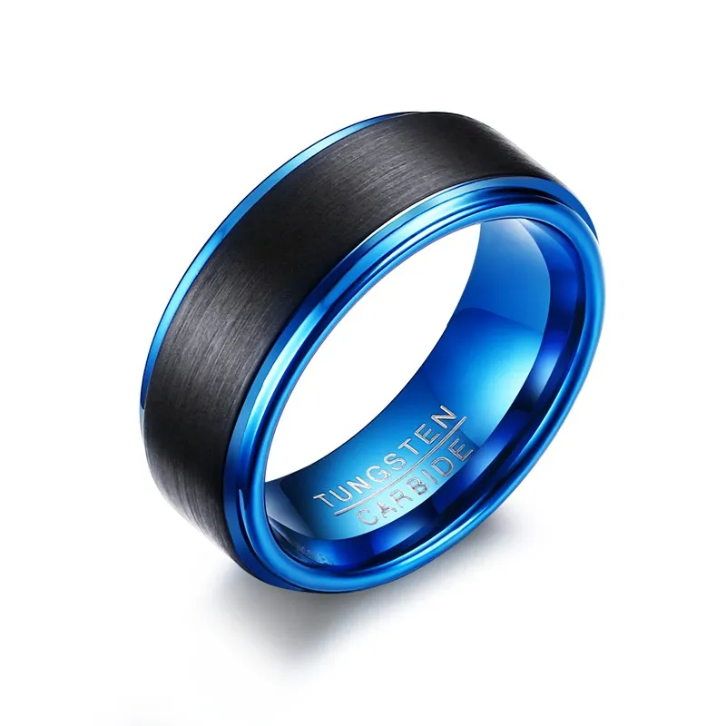 Preto Azul Dois Tons de Tungstênio Banda Anel 8mm Mens Womens Aniversário Promessa Anel Sua Dela Conforto Fit Gravura Livre