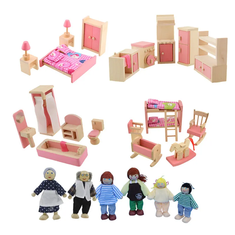 Bambole in legno Mobili da bagno Letto a castello Casa Bambole per bambini in miniatura Accessori per case delle bambole per bambini Gioca a giocattoli