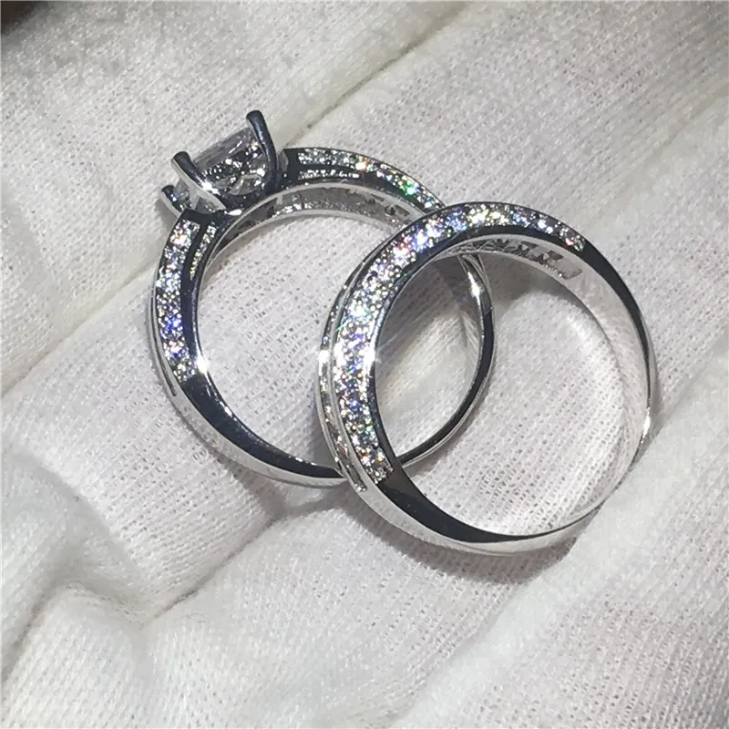 Anello anniversario fatto a mano all'ingrosso Set anelli in oro bianco 10KT con fedi nuziali fidanzamento donna Bijoux zircone 5A