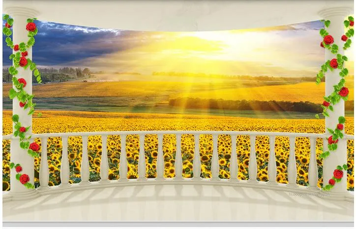 Carta da parati fotografica 3D stereoscopico di alta qualità Balcone campo di girasole 3D TV sfondo muro di arte murale per soggiorno Grande dipinto Casa dicembre