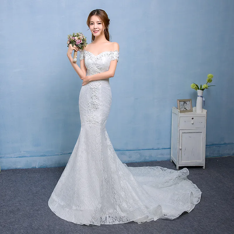 Real Photo Sexy Mermaid Train Wedding Dress 2018 New Style Korean Smiple Lace Crystal Fishtail Bride Princess estidos de noiva