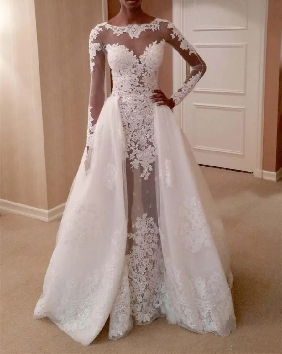 Long Sleeve Mermaid Wedding Dresses With Detachable Train Sequins Jewel Neck Abiti Da Sposa Illusion Bodice Lace Bridal Gowns