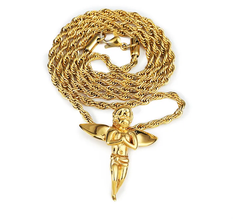 Hip Hop Gold Color 316L Rostfritt stål Iced Out Mirco Pave Angel Jesus Kristushängen Halsband för gåva