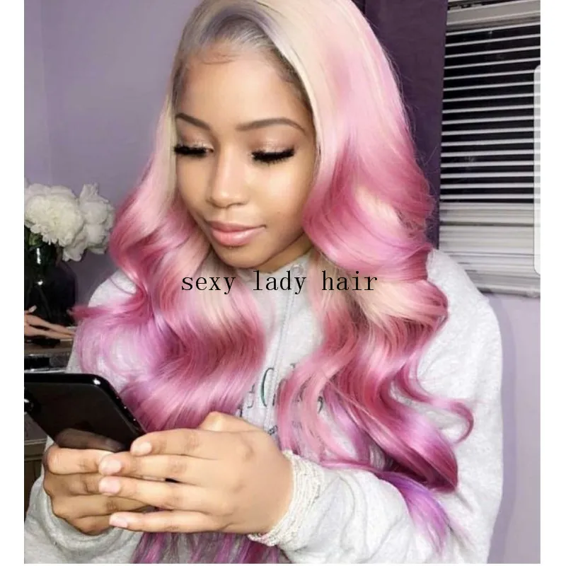 New style Long wavy Synthetic Wigs blonde Ombre Pink lace front Wig synthetic heat resistant for Black Women can be braided