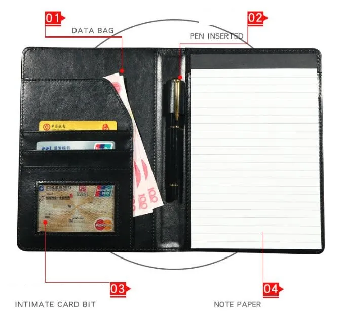 Multi-Functional Business Note Pads Creative Document Folder Portable Leather Notes Pocket Notebooks med kortficka Anteckningar Anteckningar