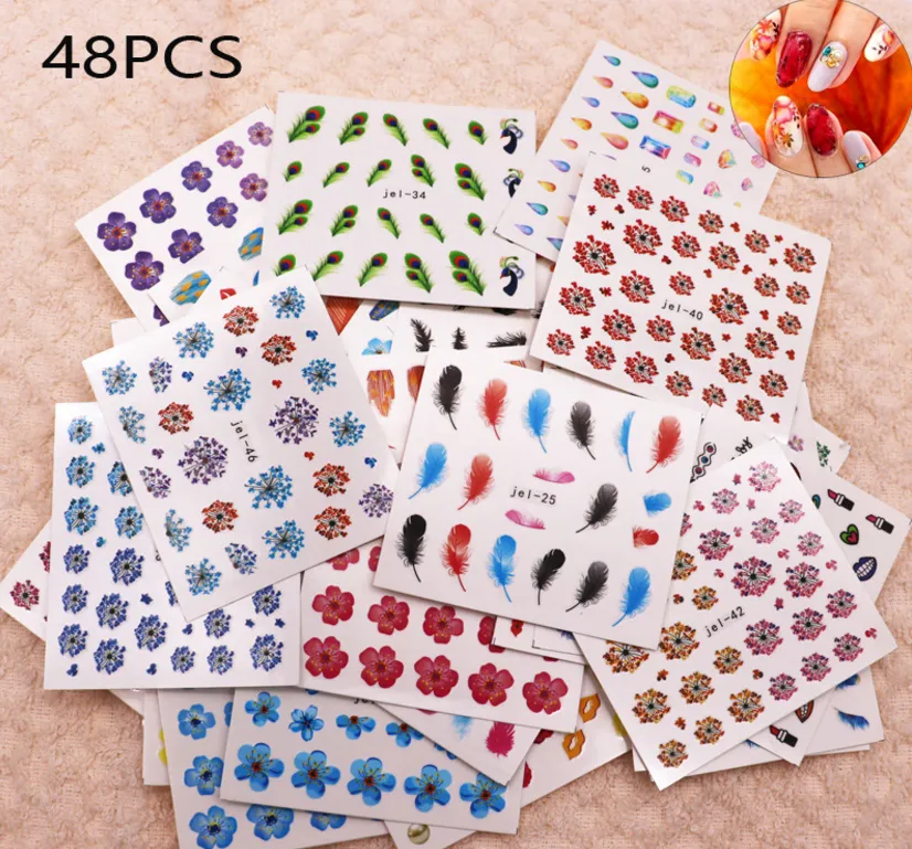 48 Folhas Misturar Folha De Transferência De Cor Da Arte Do Prego flores Decalque Para Cuidados Polonês DIY Universo Nail Art Decoretion