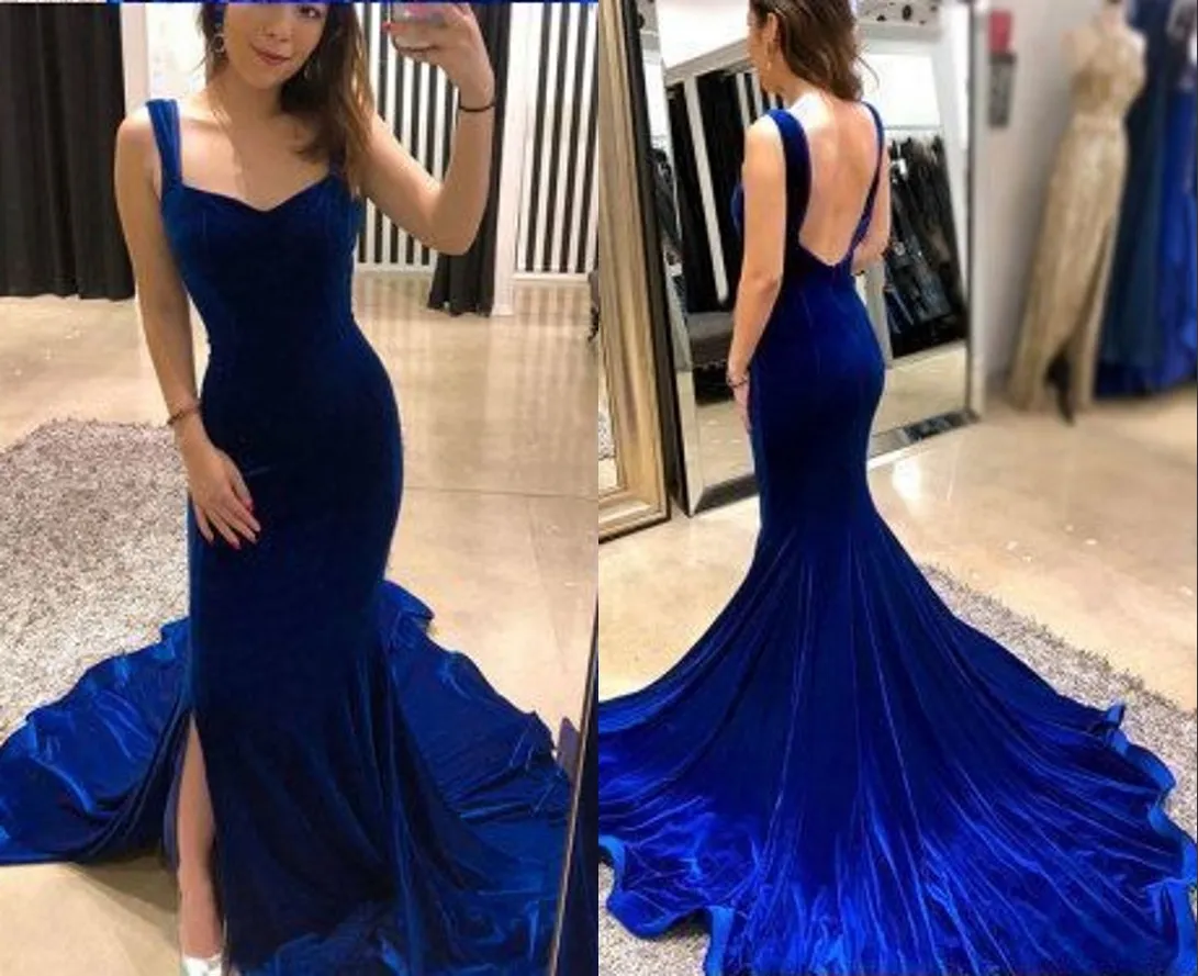 Sexy Royal Blue Velvet Mermaid Vestidos de baile sin espalda con correas Side Splits Long Cheap Evening Pageant Vestido formal Vestidos Nueva llegada