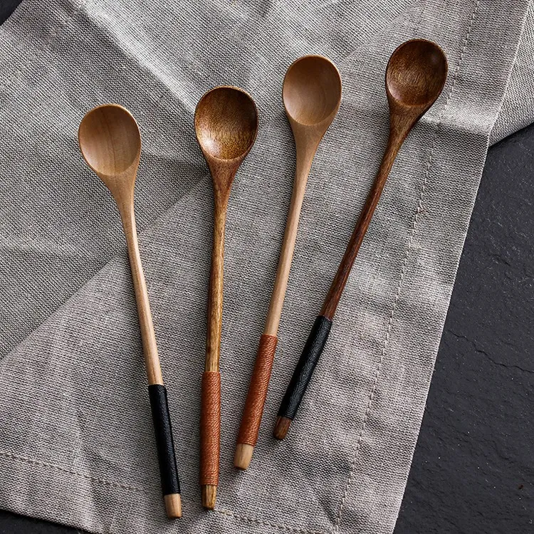 Set of 6 Long Handle Wooden Spoons Dessert Coffee Stirring Spoon Natural Wood Japanese Style Honey Spoon Tableware Accessories (3)