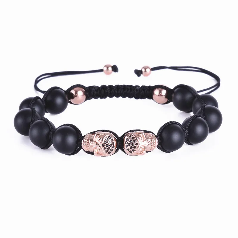 Braceletsbangle Men Bracelet Black Matte Stone kralen Bracelet Dubbele skeletschedels Skull Micro Pave CZ Punk Rock Jewelry9278274