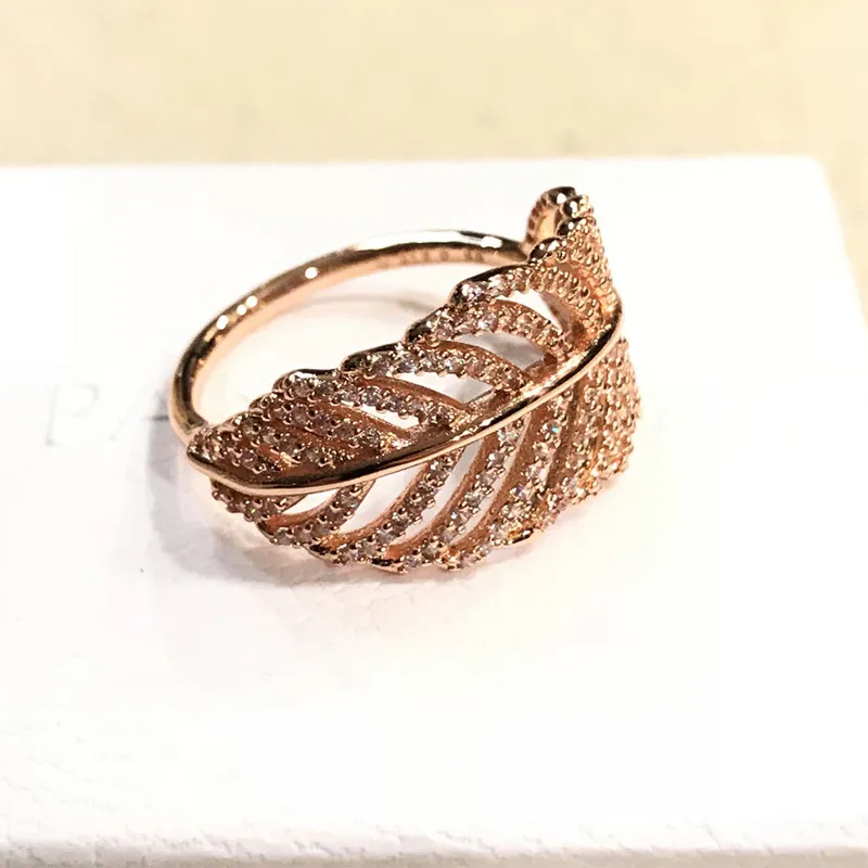 925 Sterling Silver Feather Rings med Clear CZ Diamant Fit Pandora Style Smycken för kvinnor 18K Rose Gold Crystal Wedding Ring