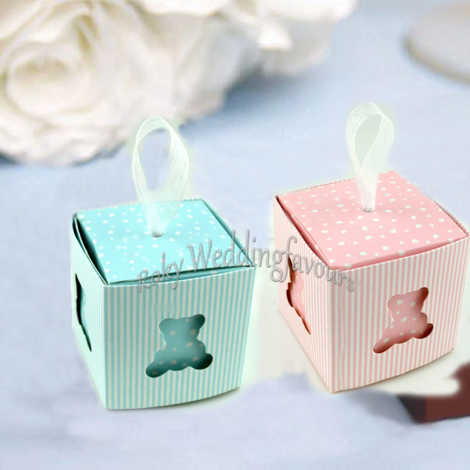 50PCs Blue Pink Little Teddy Bear Favor Boxes Baby Shower Baptism Party Candy Box Chopening Kid Födelsedag Party Supplies