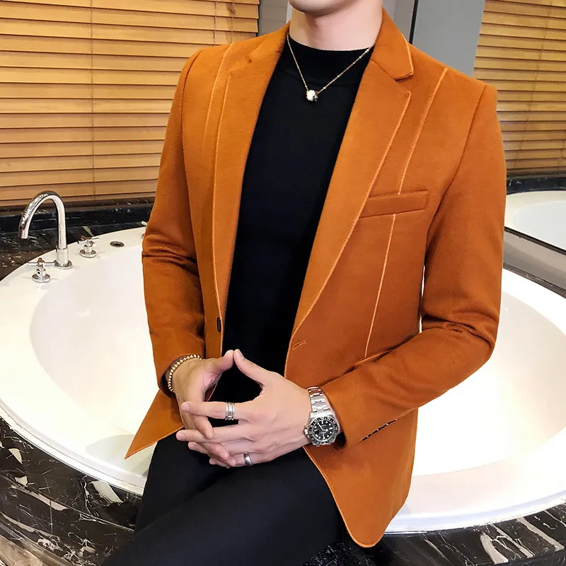 Yün Karışım Blazer Erkekler 3 Düz Renk Siyah Gri Turuncu İş Rahat Erkek Vintage Blazer Suit Ceket Erkek Erkek Takım Ceket 5xl12404