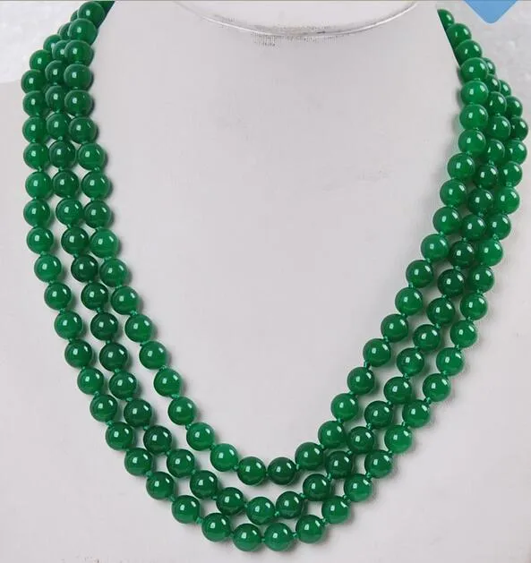 3rows 8 мм зеленый нефрит драгоценные камни ювелирные изделия ожерелье серебро Застежка