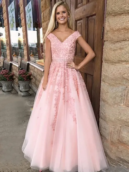A-ligne Blush rose robe de soirée 2022 princesse col en V longueur de plancher Tulle applique formelle robe de soirée de bal avec ceinture perlée robes de fiesta