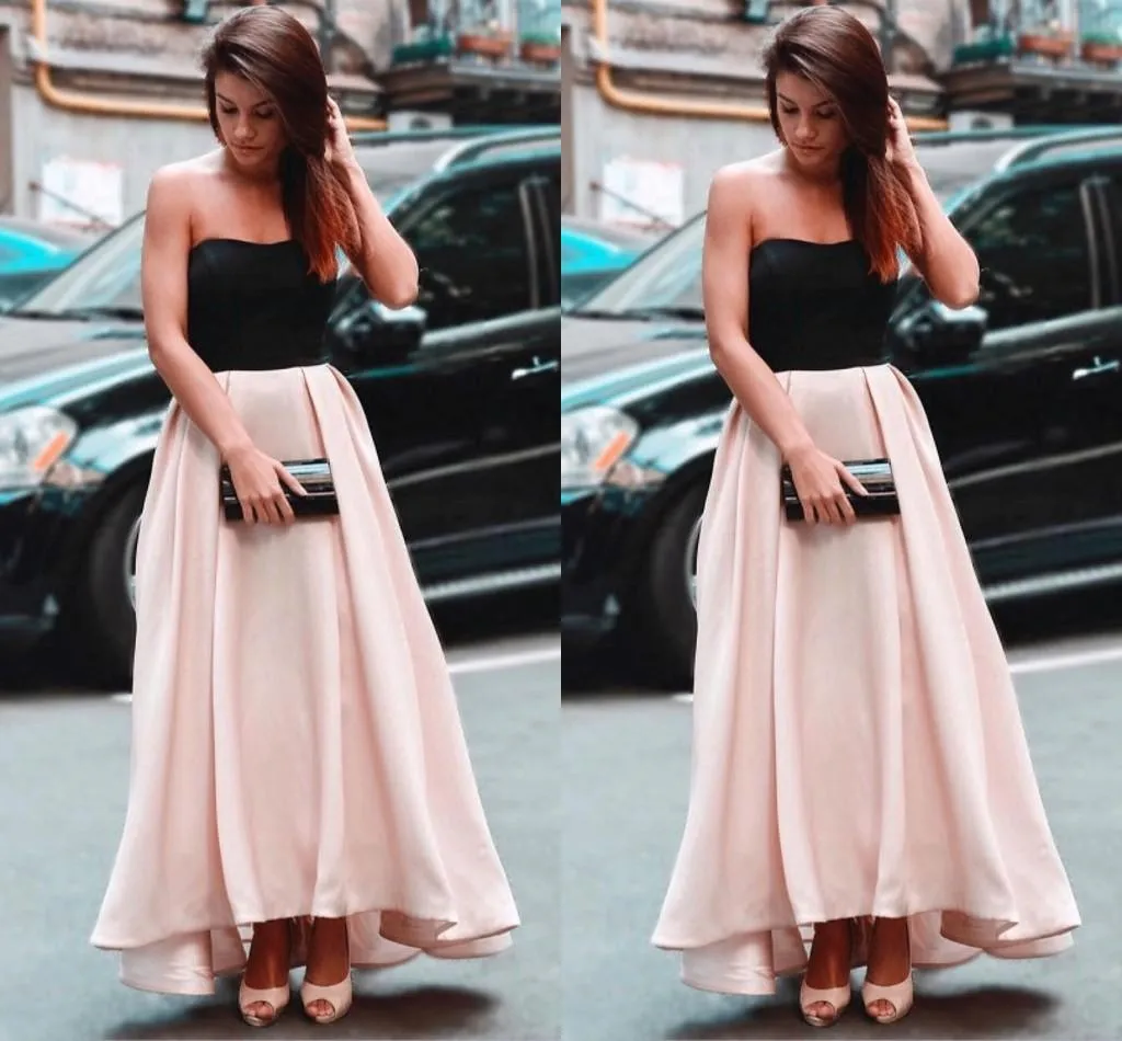 Pink Skirt A Line Evening Dresses 2019 Strapless Prom Dresses Black Top Satin Ankle Length Party Gown Custom semi formal Occasion Dresses