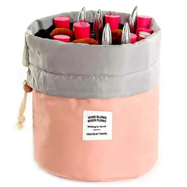 Borsa per cosmetici da viaggio a forma di botte Borse per trucco in nylon con coulisse ad alta capacità Custodia per trucco Necessario Borsa per il lavaggio dell'organizzatore