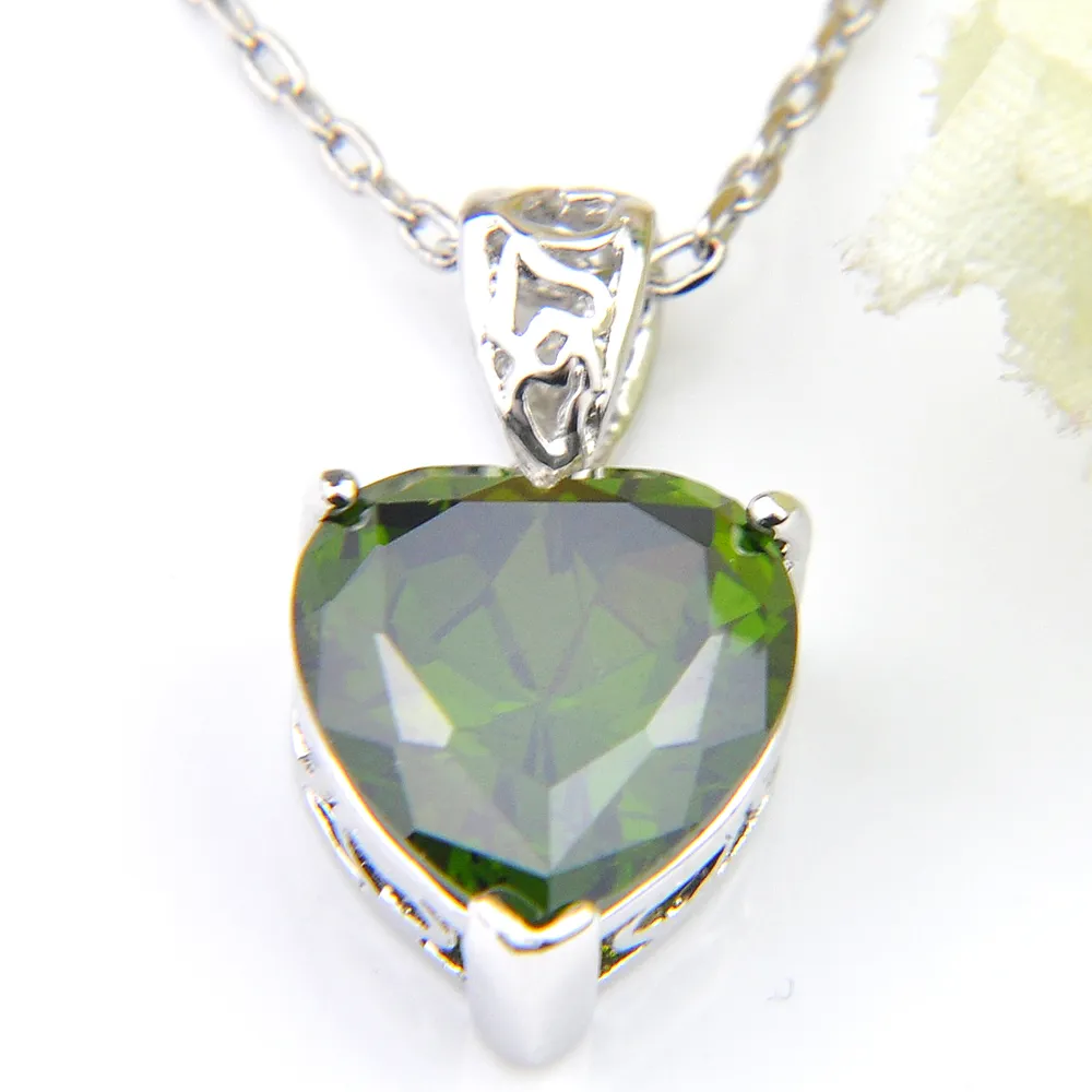 LuckyShine Crystal Zircon Heart Peridot Earrings and Pendant Chain Necklace 925 Silver Women Fashion Wedding Sets !